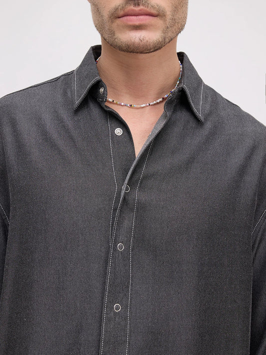 Black Soft Sheen Woven Boxy Fit Crop Shirt