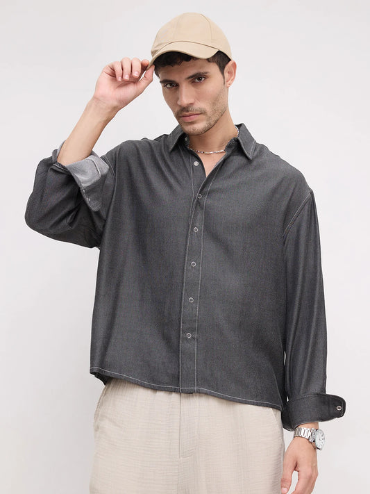 Black Soft Sheen Woven Boxy Fit Crop Shirt