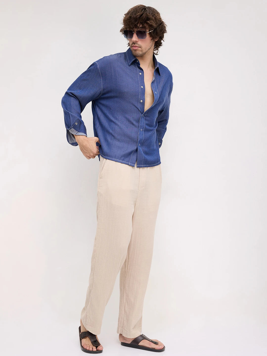Navy Soft Sheen Woven Contrast Stitch Boxy Fit Crop Shirt