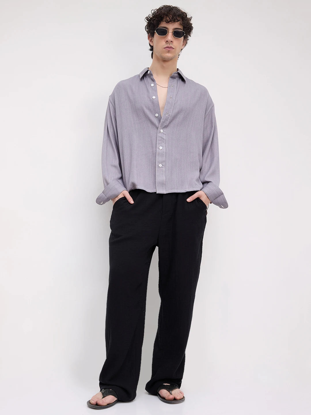 Rich Graphite Grey Softgrain Weave Boxy Fit Crop Shirt