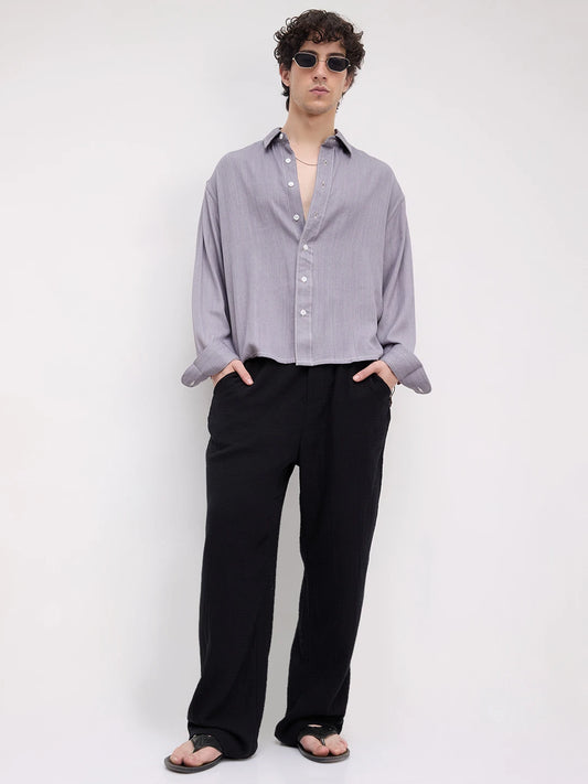 Rich Graphite Grey Softgrain Weave Boxy Fit Crop Shirt
