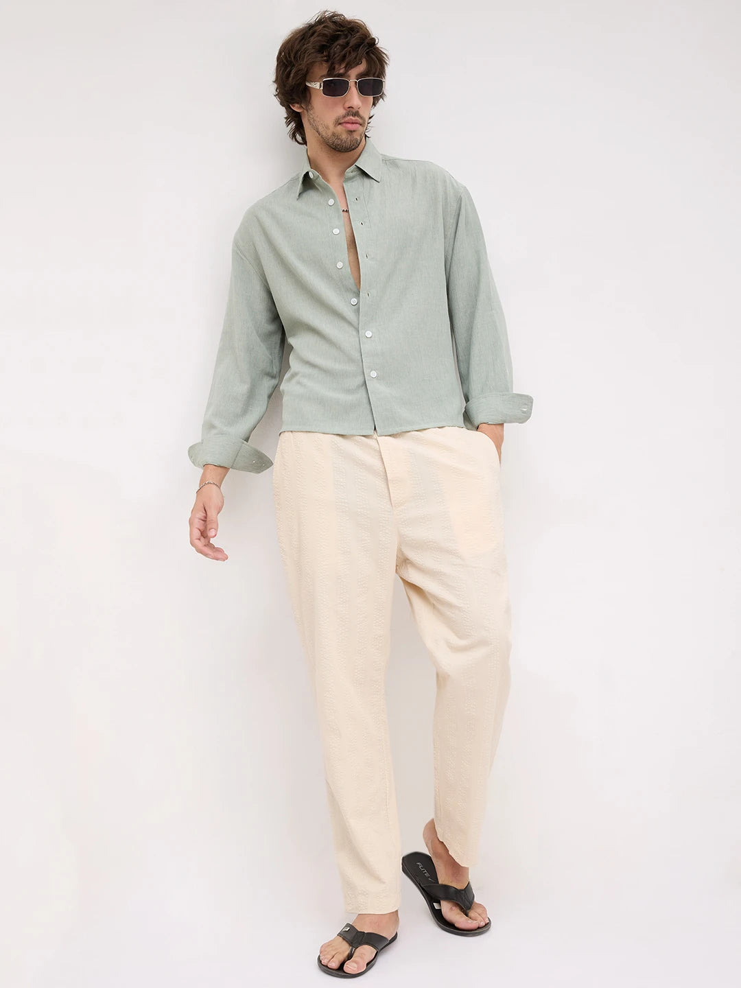 Serene Sage Green Finegrain Weave Boxy Fit Crop Shirt