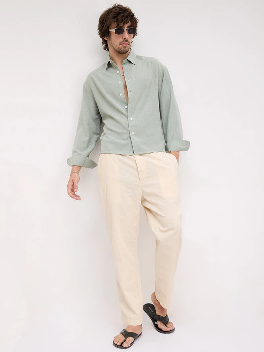 Serene Sage Green Finegrain Weave Boxy Fit Crop Shirt