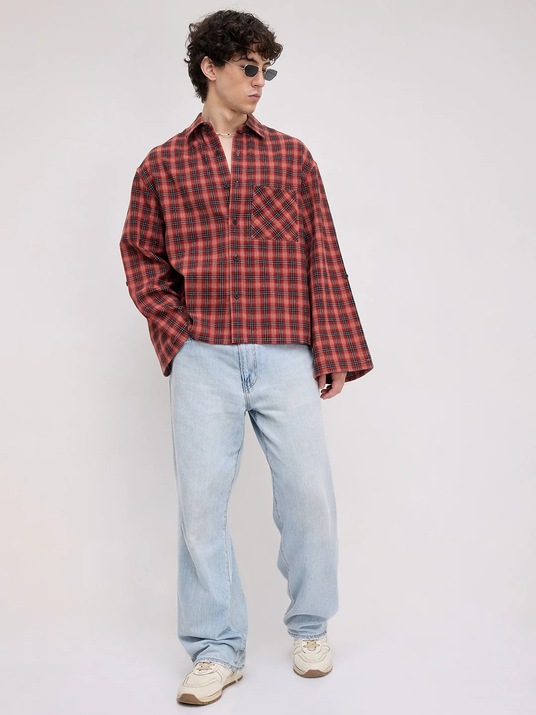 Luxe Rustic Redwood Plaid Edition Cuffless Oversized Crop Shirt