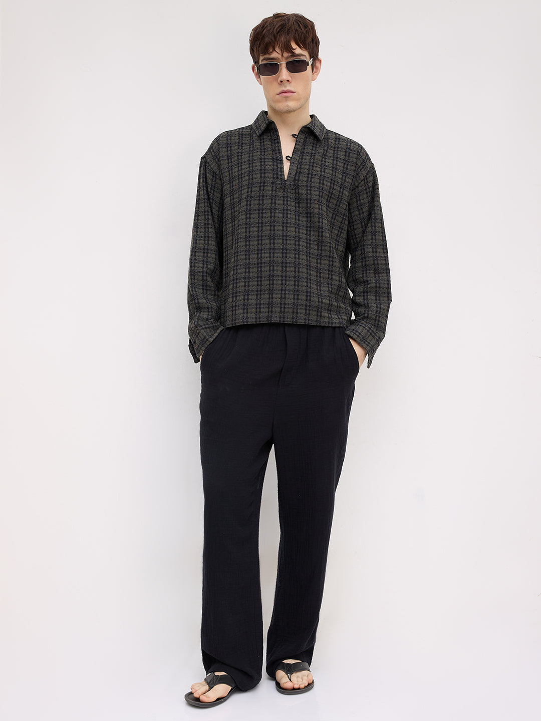 Refined Onyx Black Diamond Weave Loop Button Oversized Flannel Shirt