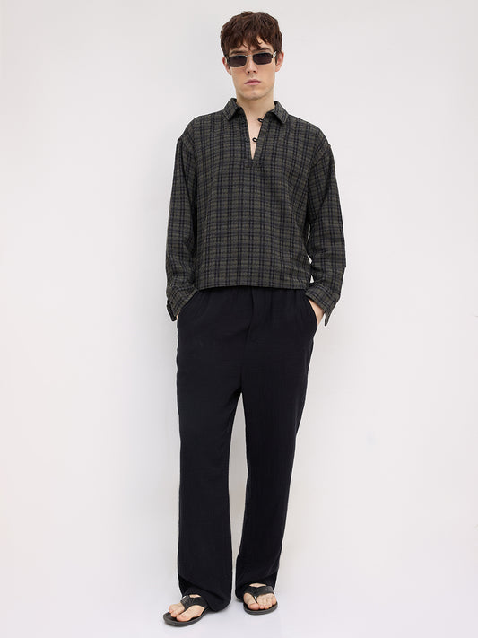 Refined Onyx Black Diamond Weave Loop Button Oversized Flannel Shirt