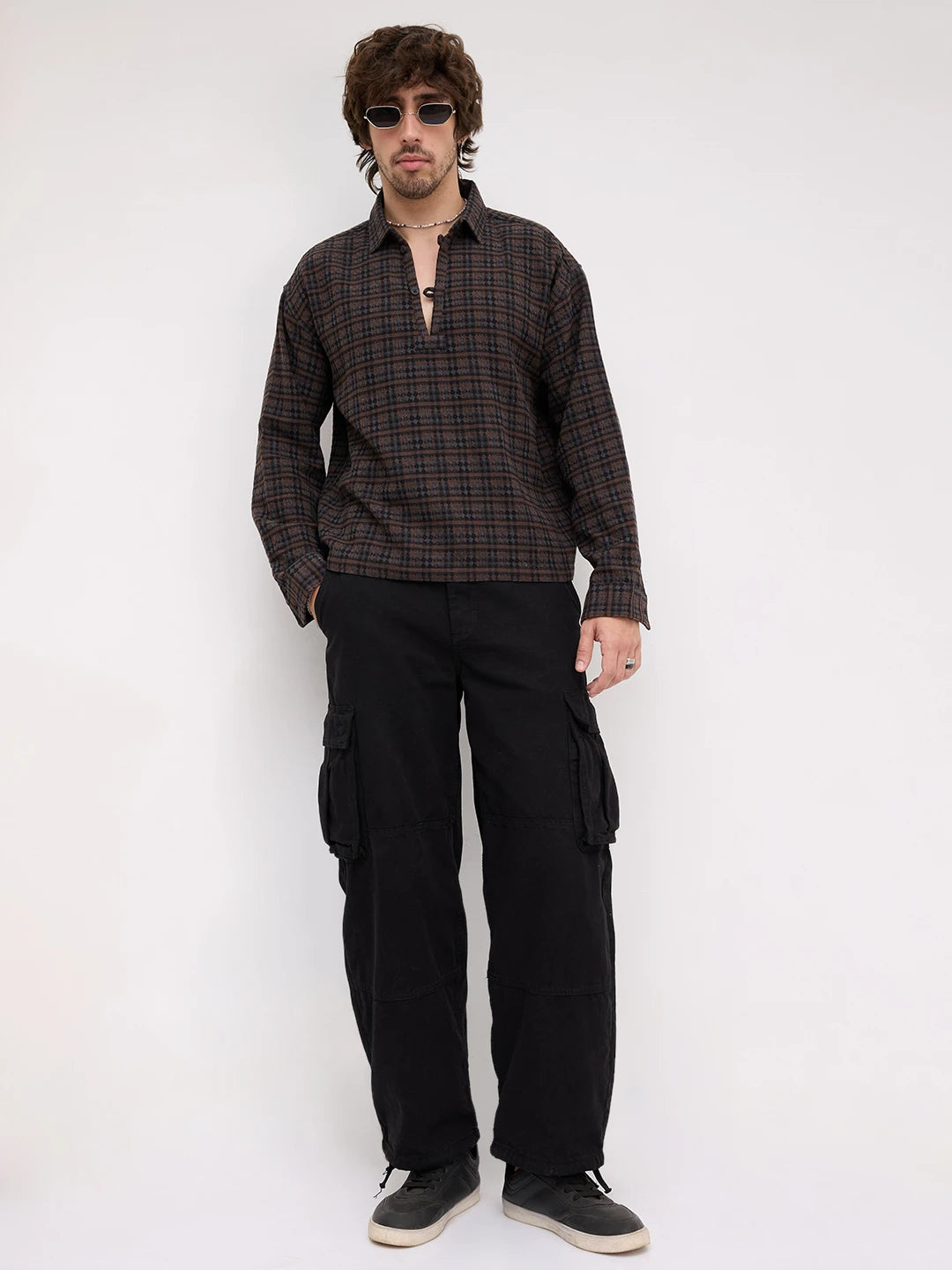 Luxe Brown Motif Panelled Loop Button Oversized Flannel Shirt