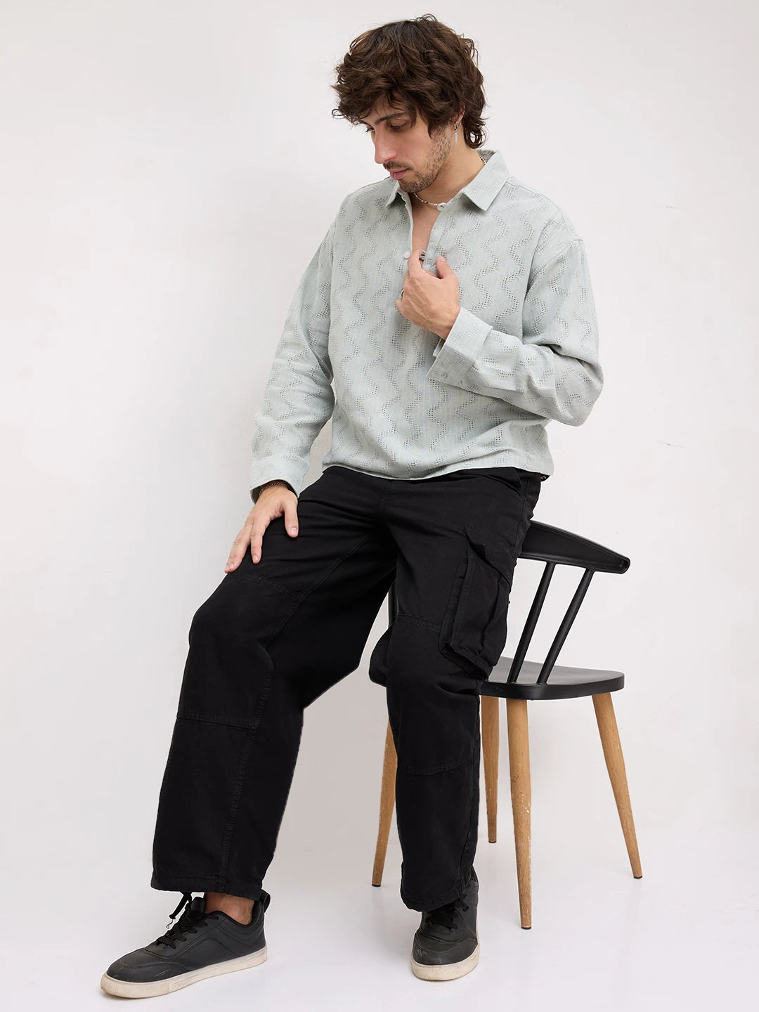 Tea Green Intricate Crossweave Jacquard Loop Button Oversized Shirt