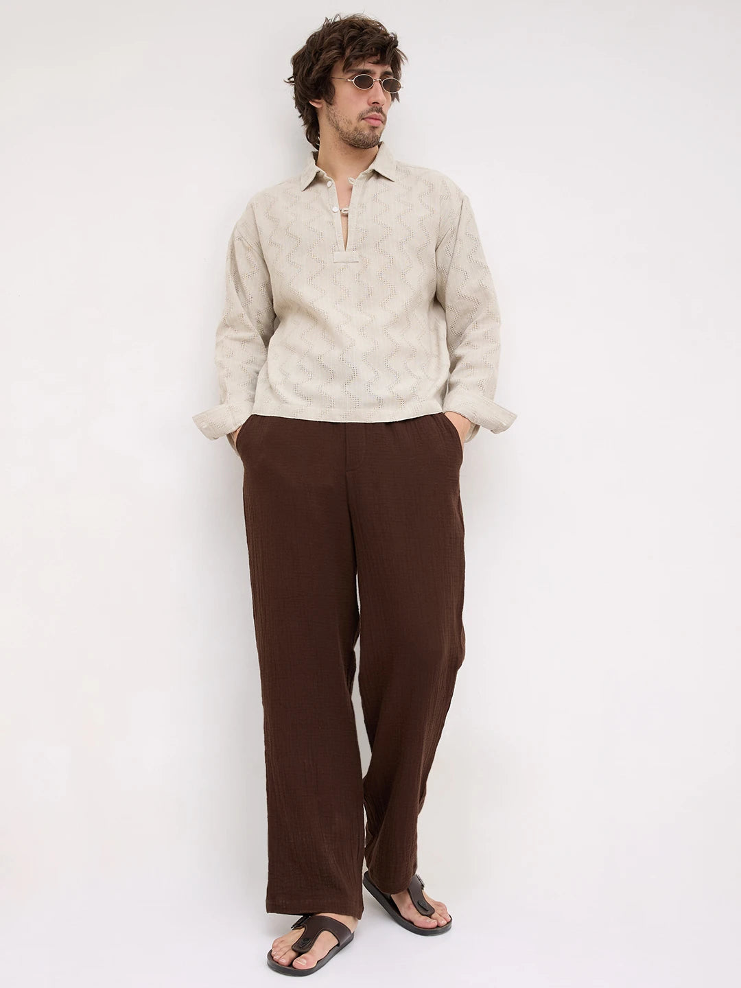 Ash Grey Intricate Crossweave Jacquard Loop Button Oversized Shirt
