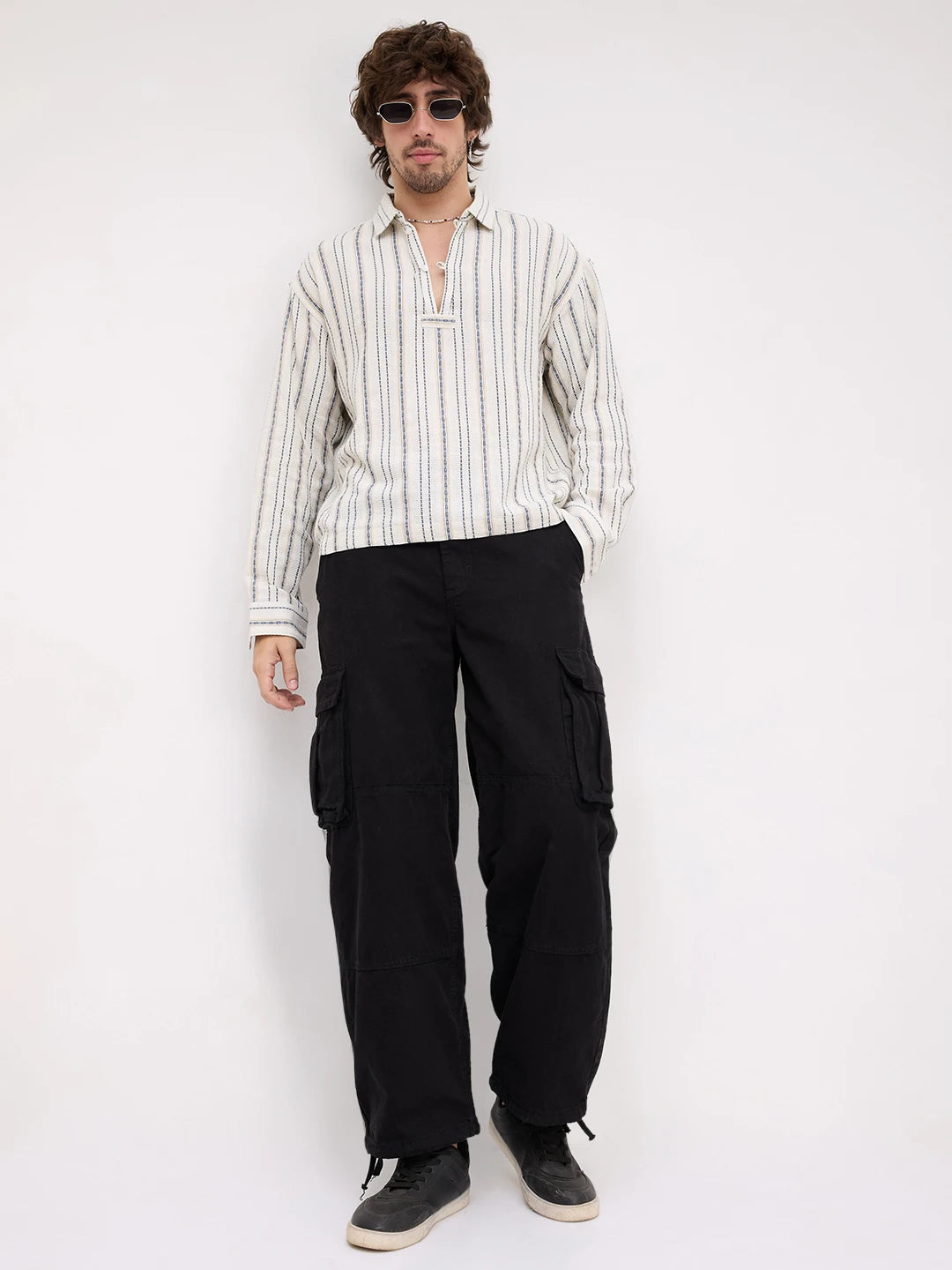 Premium Ivory Nomad Striped Threadwork Loop Button Oversized Shirt