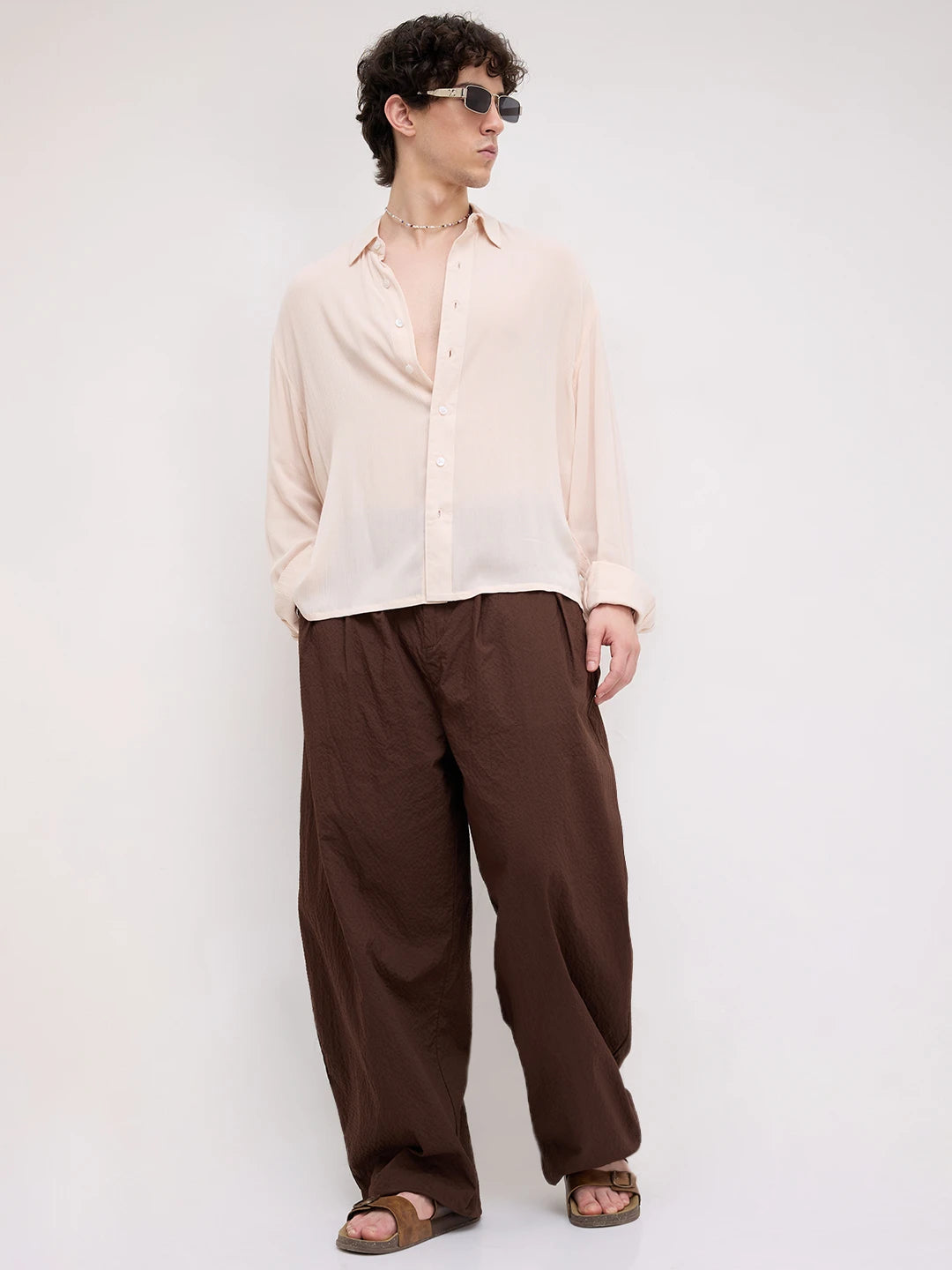 Soft Pastel Beige Crepe Textured Boxy Fit Shirt