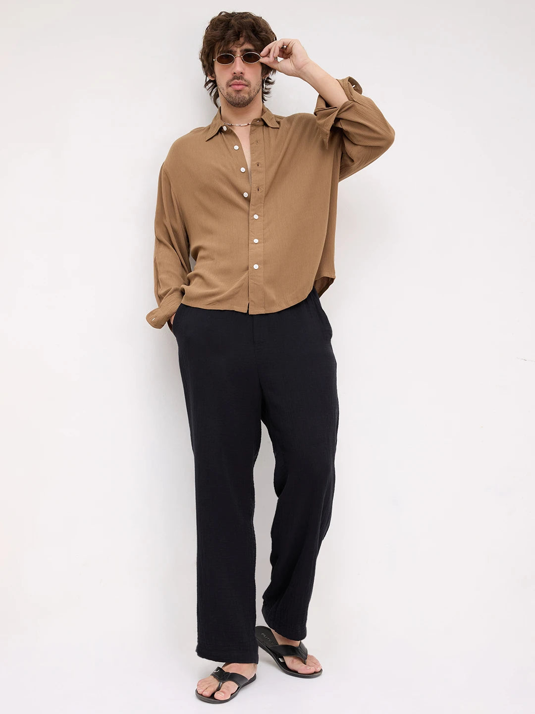Chocolate Brown Crepe Textured Boxy Fit Crop Shirt