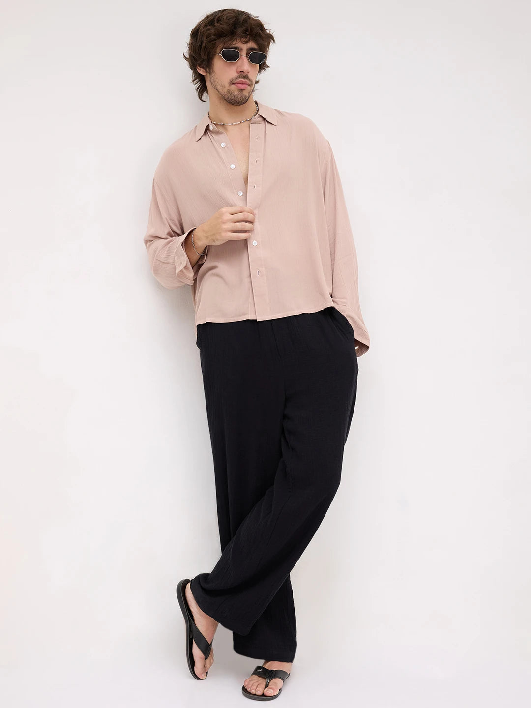Warm Beige Crepe Textured Boxy Fit Shirt