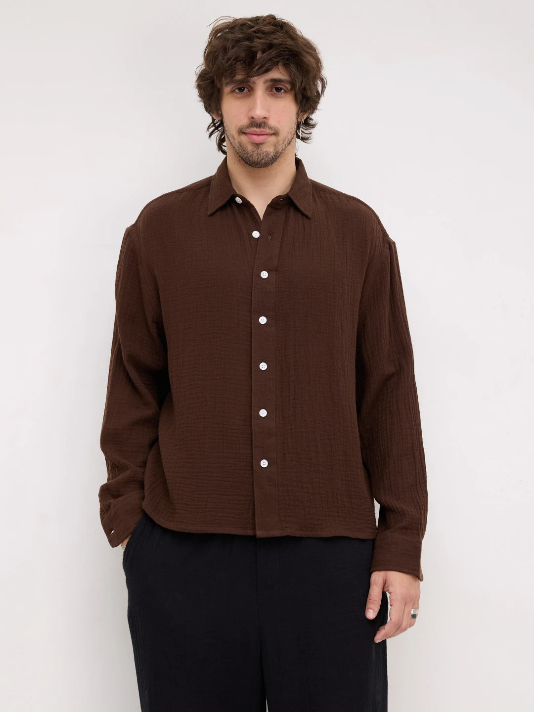 Timeless Brown Double Cloth Boxy Fit Crop Shirt