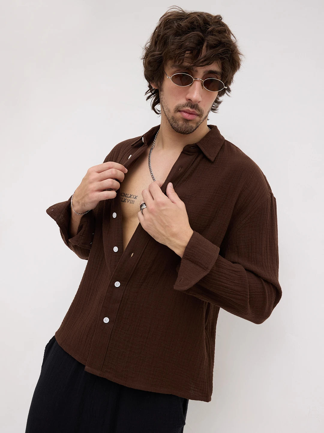 Timeless Brown Double Cloth Boxy Fit Crop Shirt