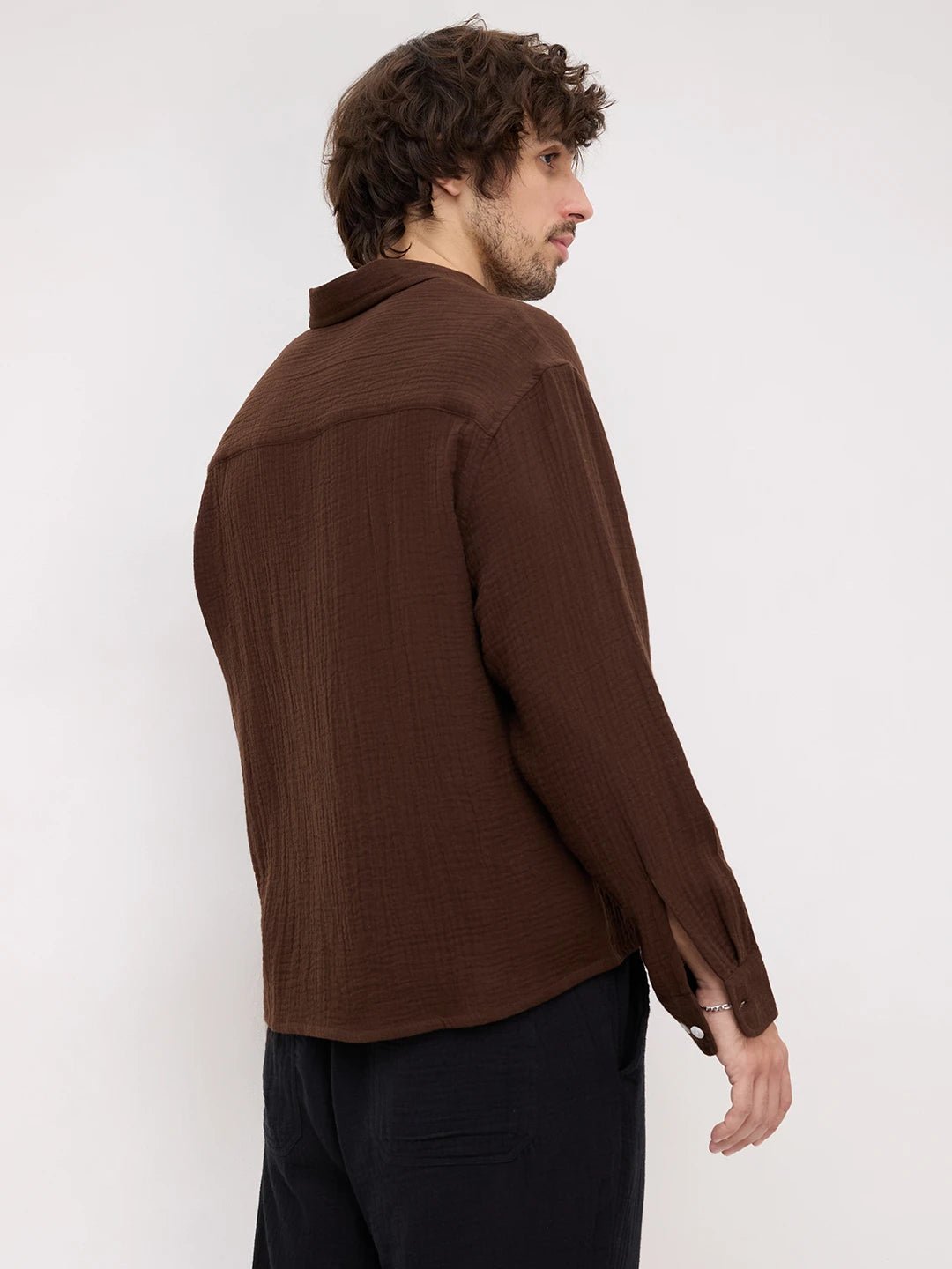 Timeless Brown Double Cloth Boxy Fit Crop Shirt
