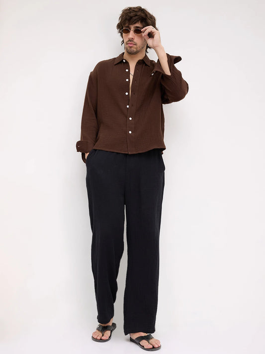 Timeless Brown Double Cloth Boxy Fit Crop Shirt