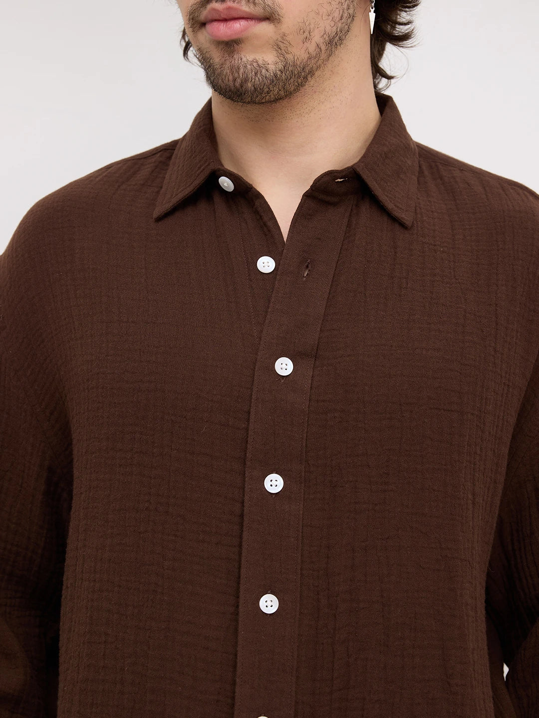 Timeless Brown Double Cloth Boxy Fit Crop Shirt