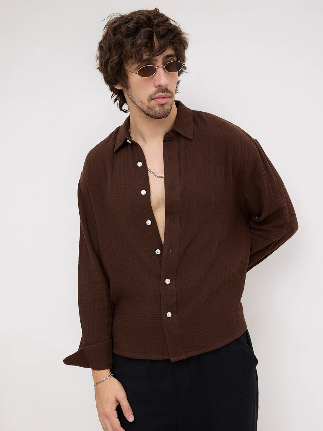 Timeless Brown Double Cloth Boxy Fit Crop Shirt