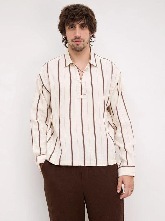 Espresso Brown & Ivory Multi Striped Loop Button Oversized Shirt