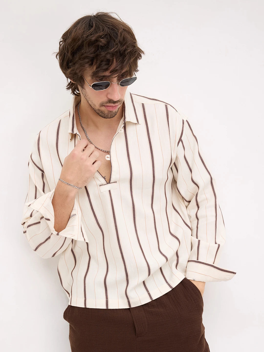 Espresso Brown & Ivory Multi Striped Loop Button Oversized Shirt