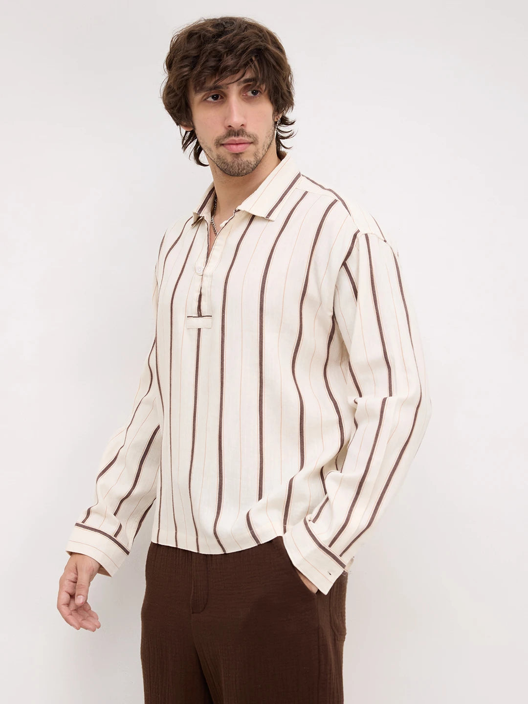 Espresso Brown & Ivory Multi Striped Loop Button Oversized Shirt
