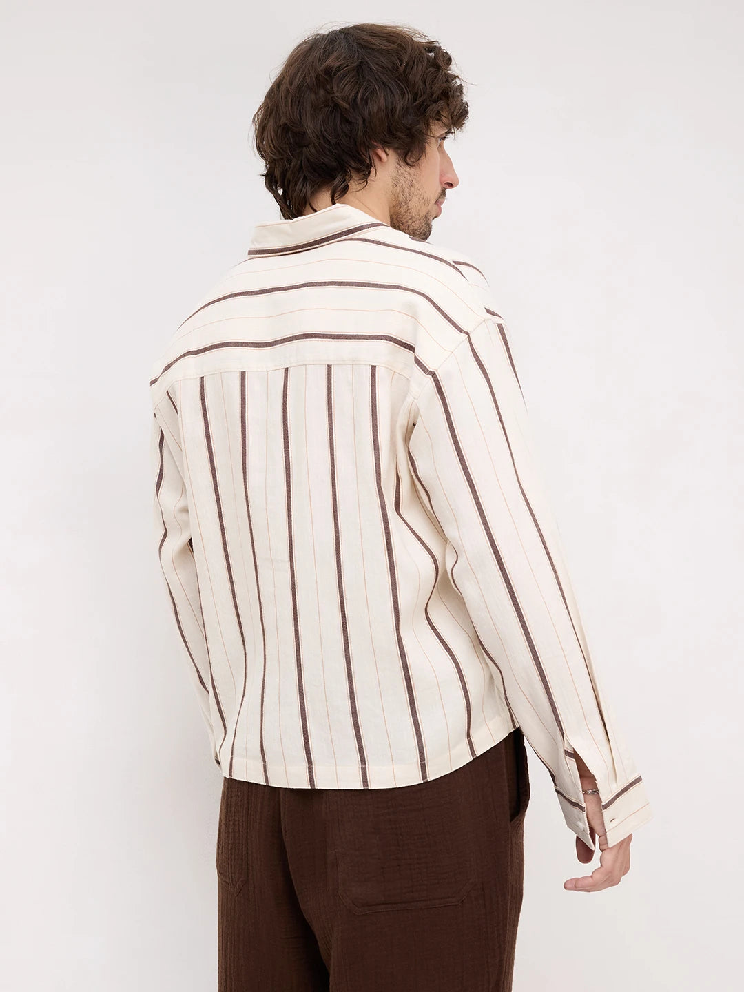 Espresso Brown & Ivory Multi Striped Loop Button Oversized Shirt