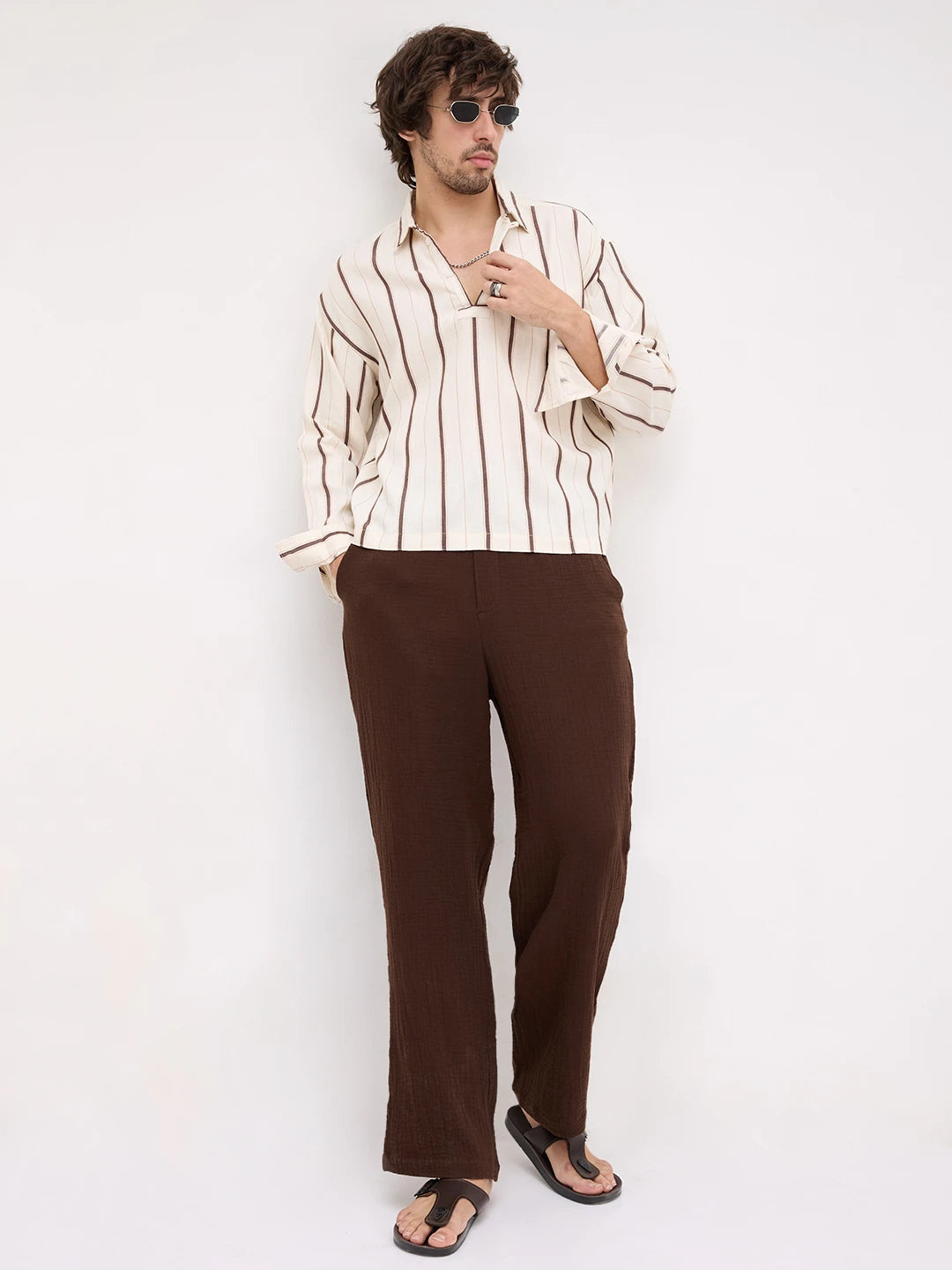 Espresso Brown & Ivory Multi Striped Loop Button Oversized Shirt