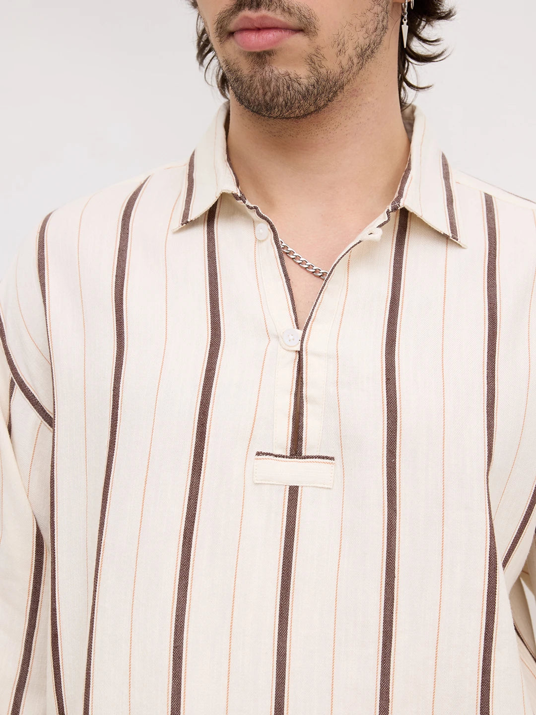 Espresso Brown & Ivory Multi Striped Loop Button Oversized Shirt