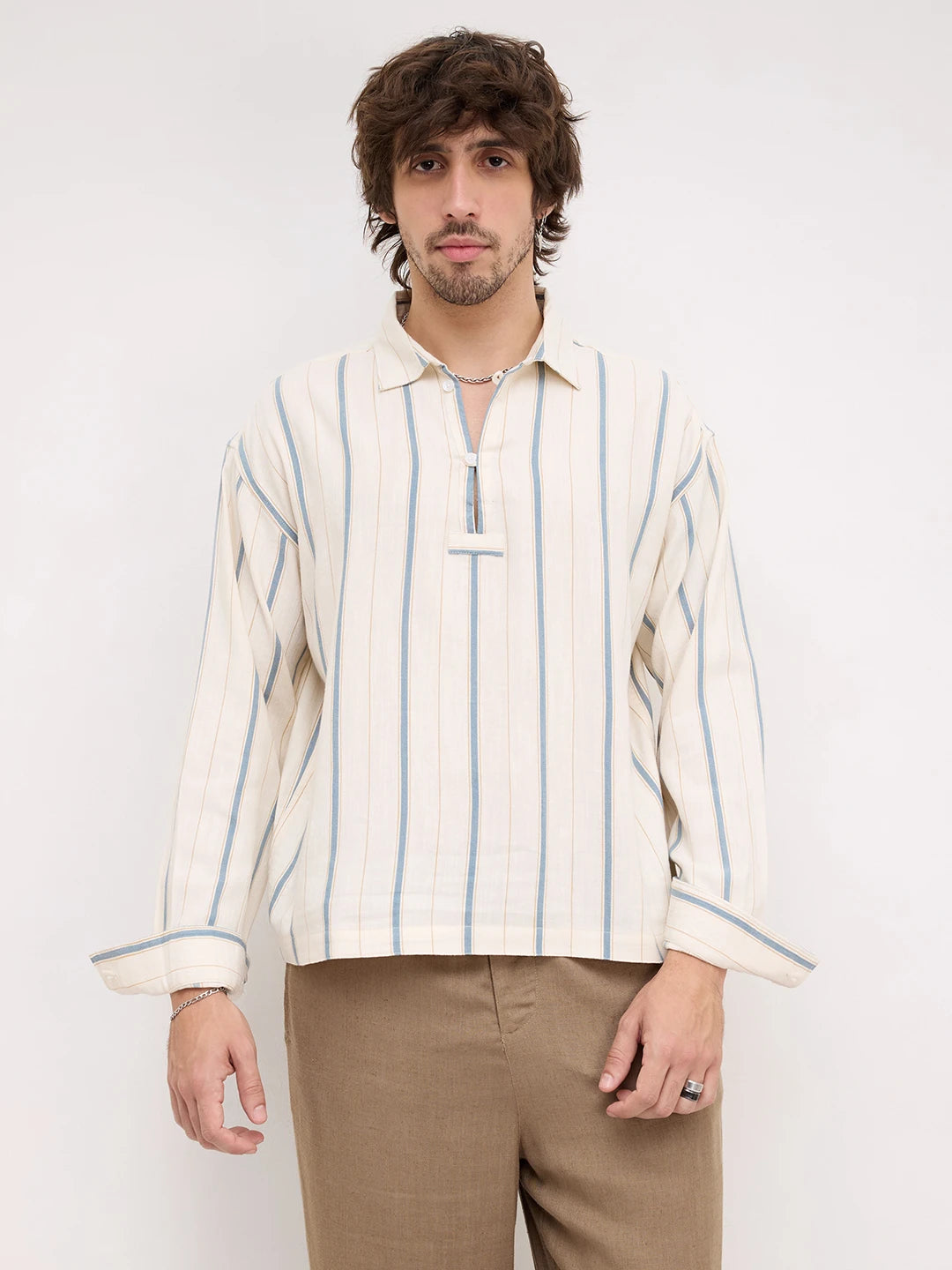 Mediterranean Ivory Blue Multi Striped Loop Button Oversized Shirt
