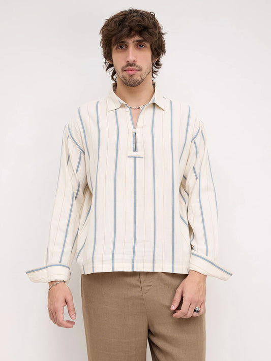 Mediterranean Ivory Blue Multi Striped Loop Button Oversized Shirt