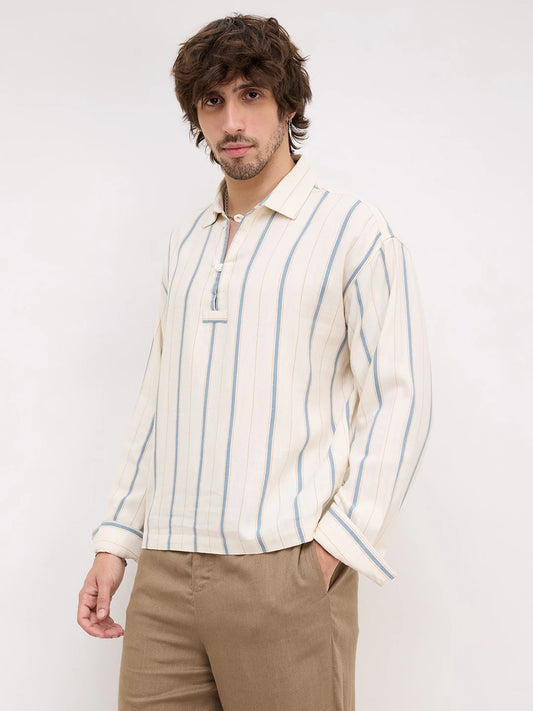 Mediterranean Ivory Blue Multi Striped Loop Button Oversized Shirt