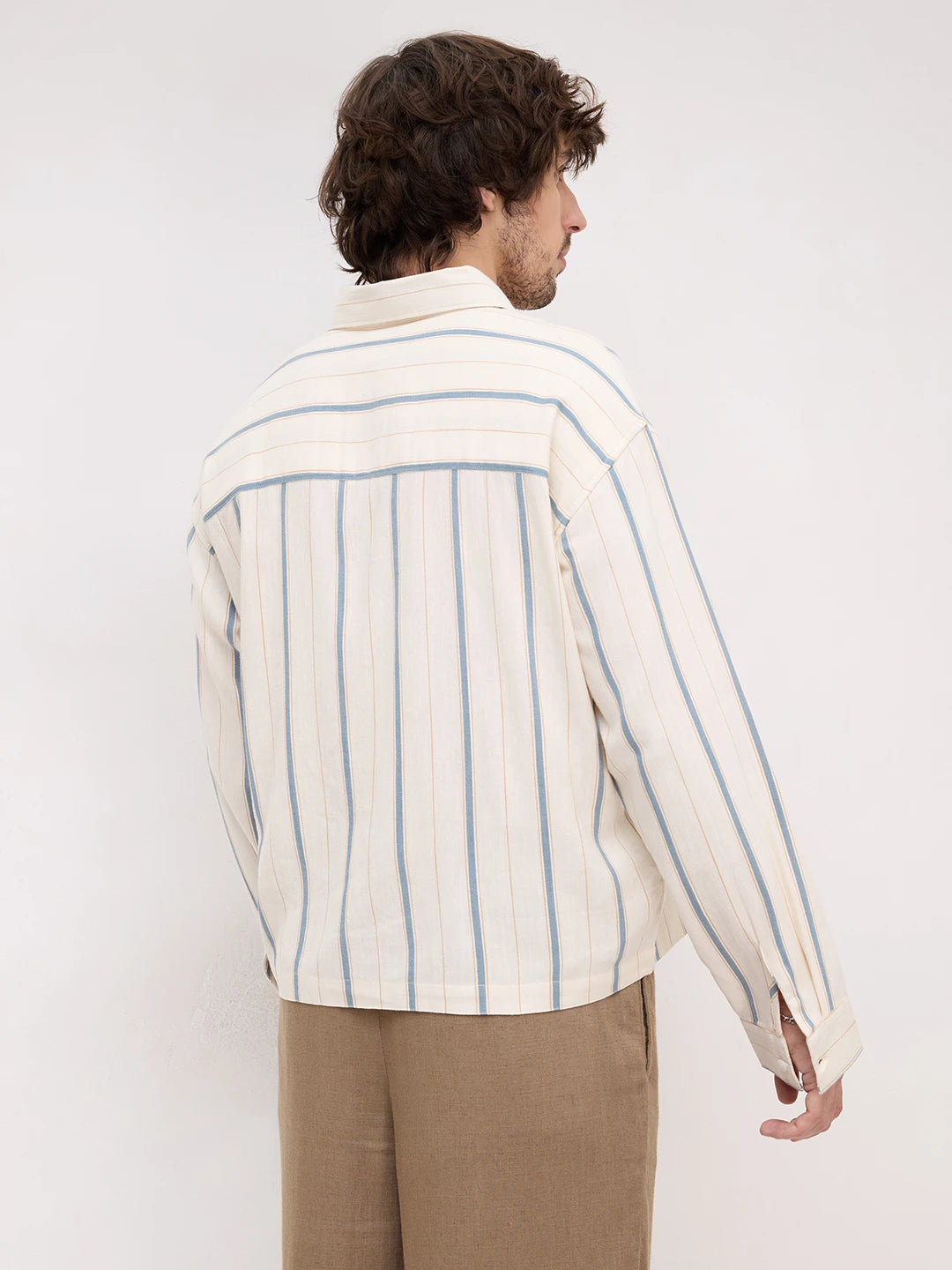 Mediterranean Ivory Blue Multi Striped Loop Button Oversized Shirt