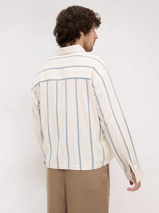 Mediterranean Ivory Blue Multi Striped Loop Button Oversized Shirt