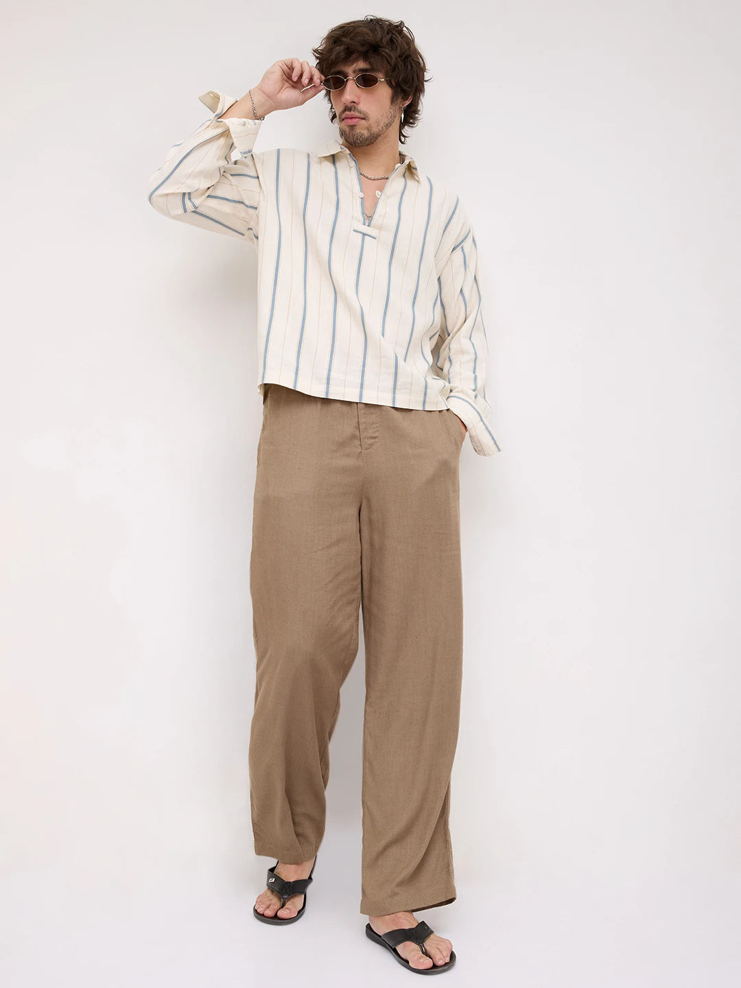 Mediterranean Ivory Blue Multi Striped Loop Button Oversized Shirt