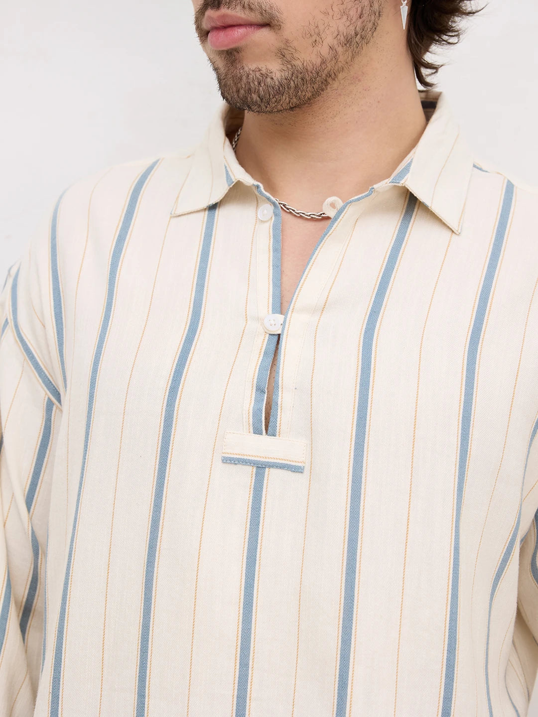 Mediterranean Ivory Blue Multi Striped Loop Button Oversized Shirt