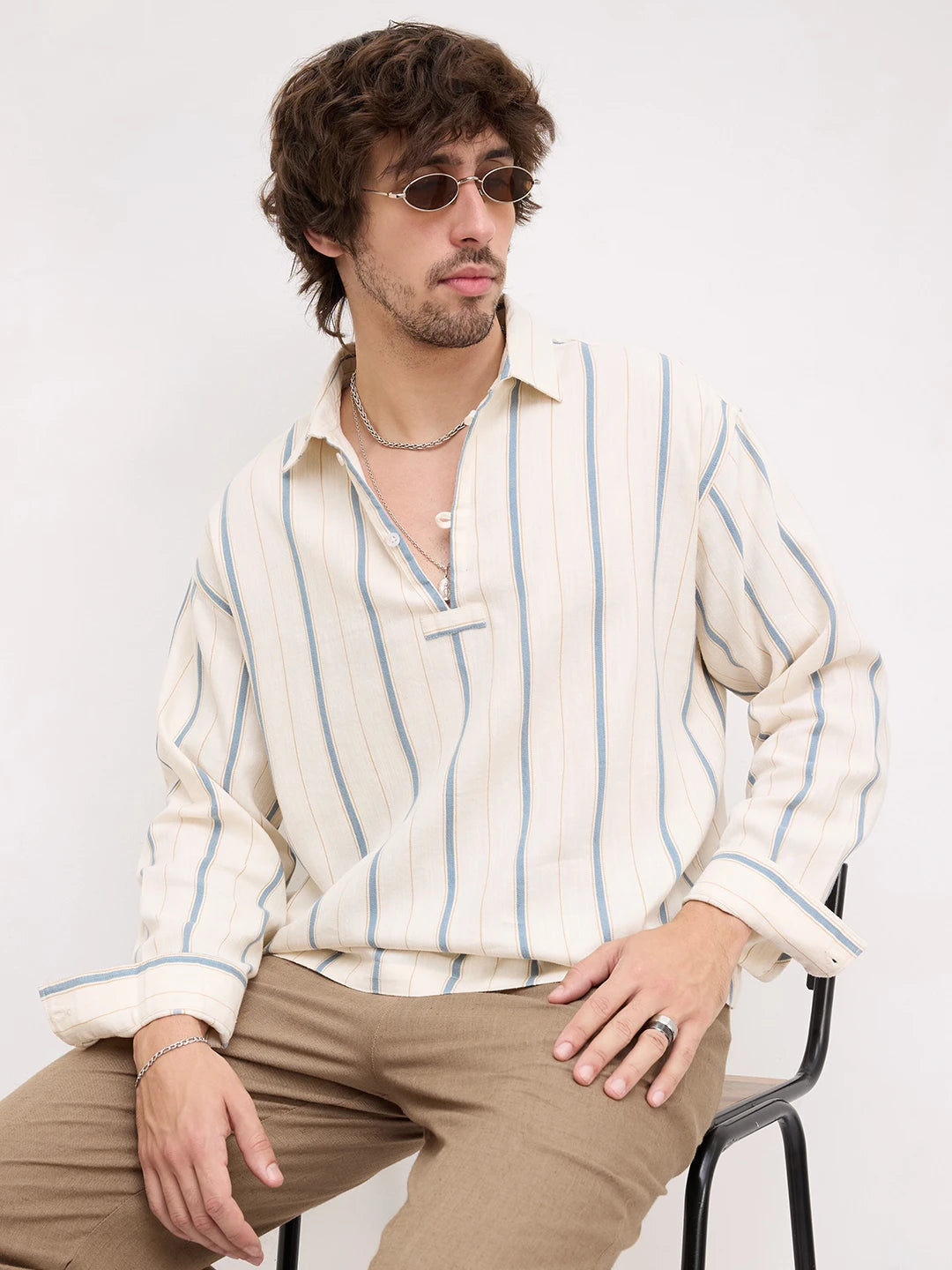 Mediterranean Ivory Blue Multi Striped Loop Button Oversized Shirt