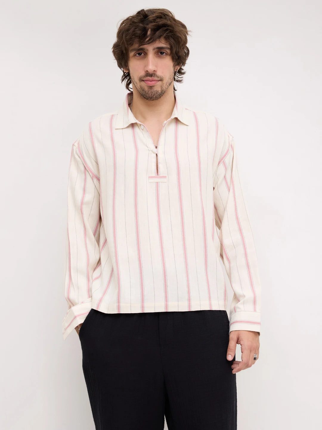 Muted Rose Pink & Ivory Multi Striped Loop Button Oversized Shirt