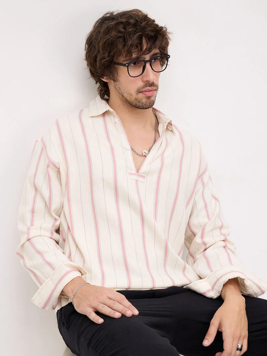 Muted Rose Pink & Ivory Multi Striped Loop Button Oversized Shirt