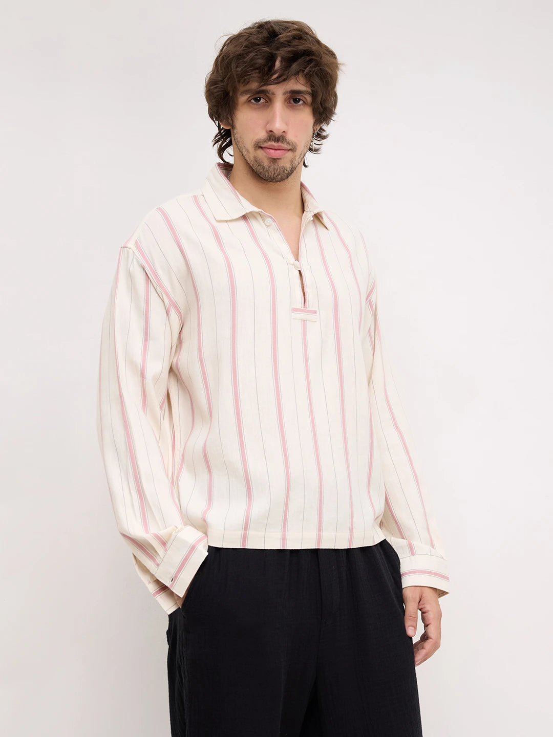 Muted Rose Pink & Ivory Multi Striped Loop Button Oversized Shirt