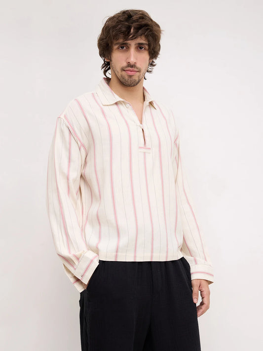 Muted Rose Pink & Ivory Multi Striped Loop Button Oversized Shirt