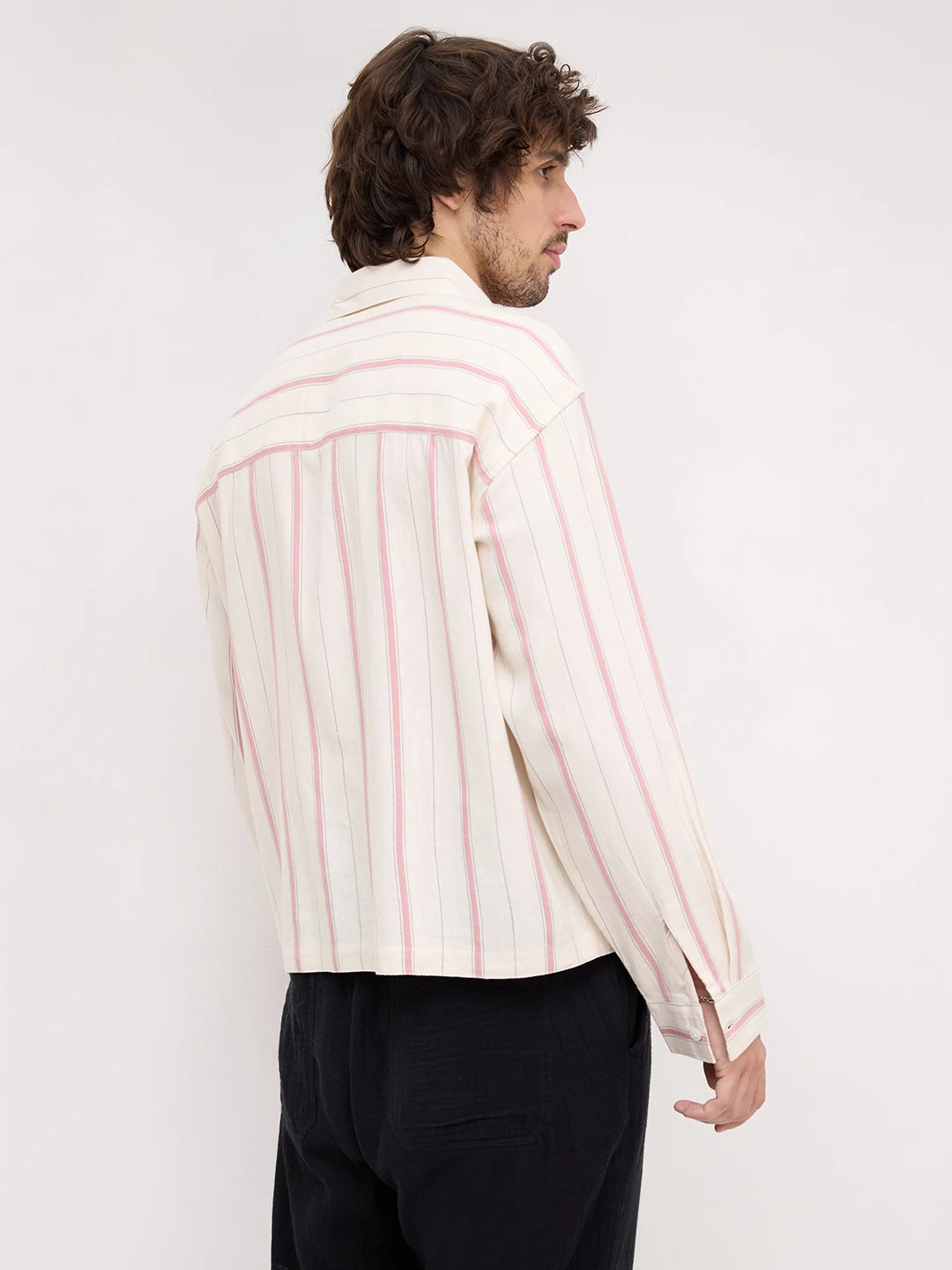 Muted Rose Pink & Ivory Multi Striped Loop Button Oversized Shirt