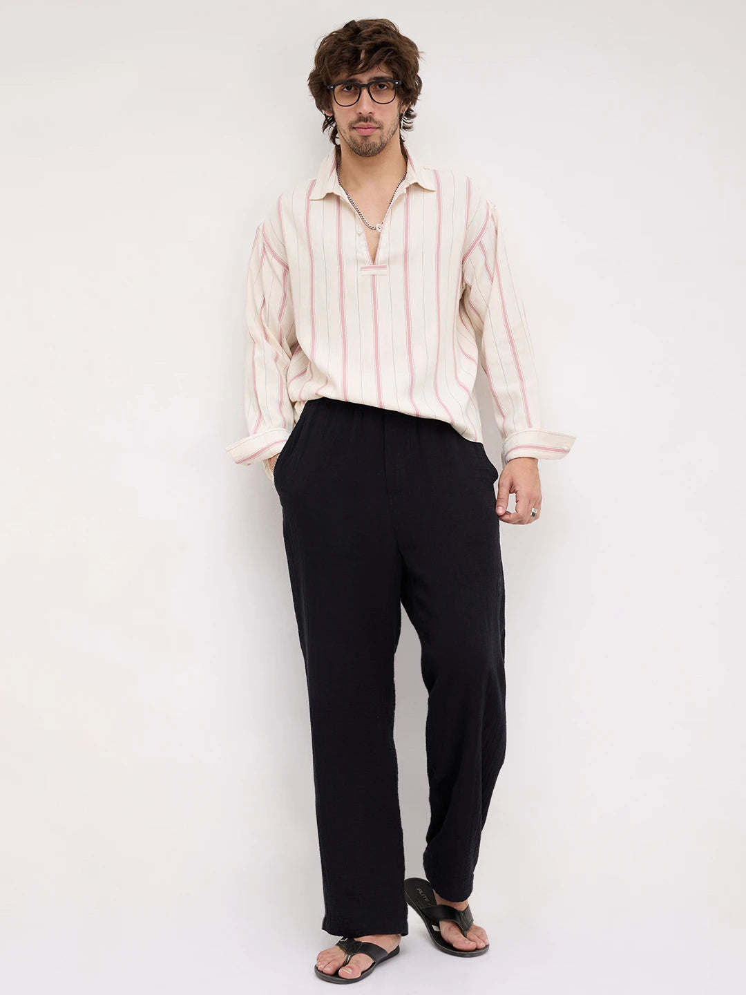 Muted Rose Pink & Ivory Multi Striped Loop Button Oversized Shirt
