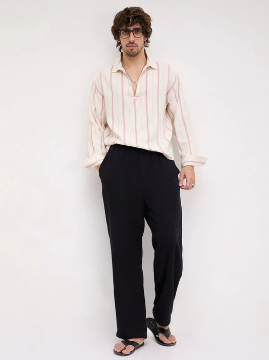 Muted Rose Pink & Ivory Multi Striped Loop Button Oversized Shirt