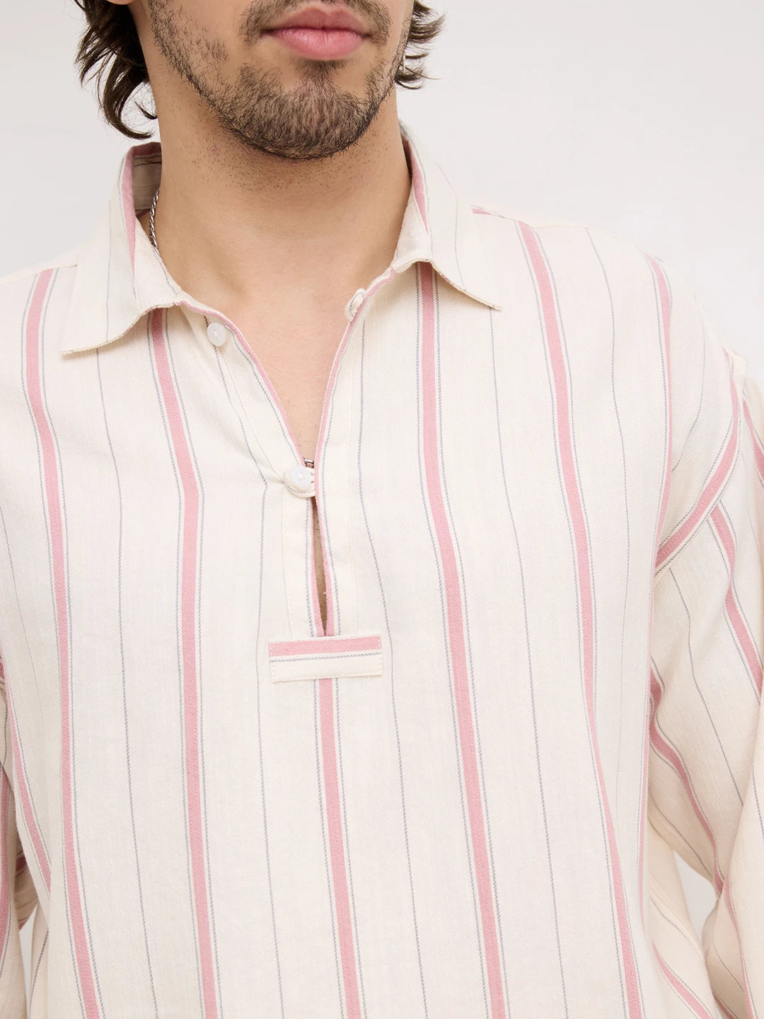 Muted Rose Pink & Ivory Multi Striped Loop Button Oversized Shirt