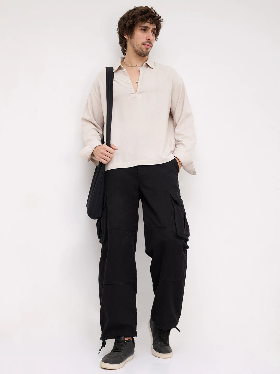 Iconic Beige Loop Button Oversized Shirt