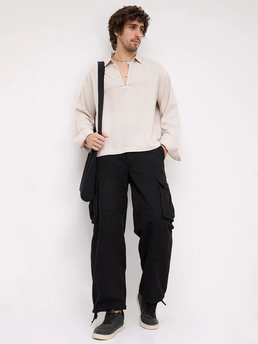 Iconic Beige Loop Button Oversized Shirt