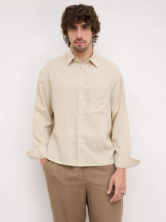 Beige Dunescape Pinstripe Boxy Fit Crop Shirt