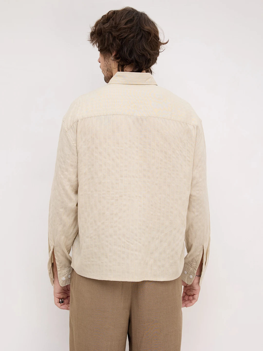 Beige Dunescape Pinstripe Boxy Fit Crop Shirt