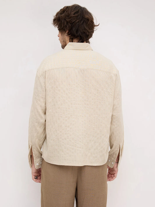 Beige Dunescape Pinstripe Boxy Fit Crop Shirt
